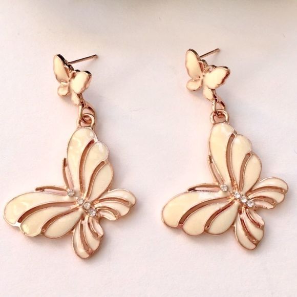 Cream & Gold Tone Enamel Dangle Butterfly Earrings NEW - Picture 1 of 7